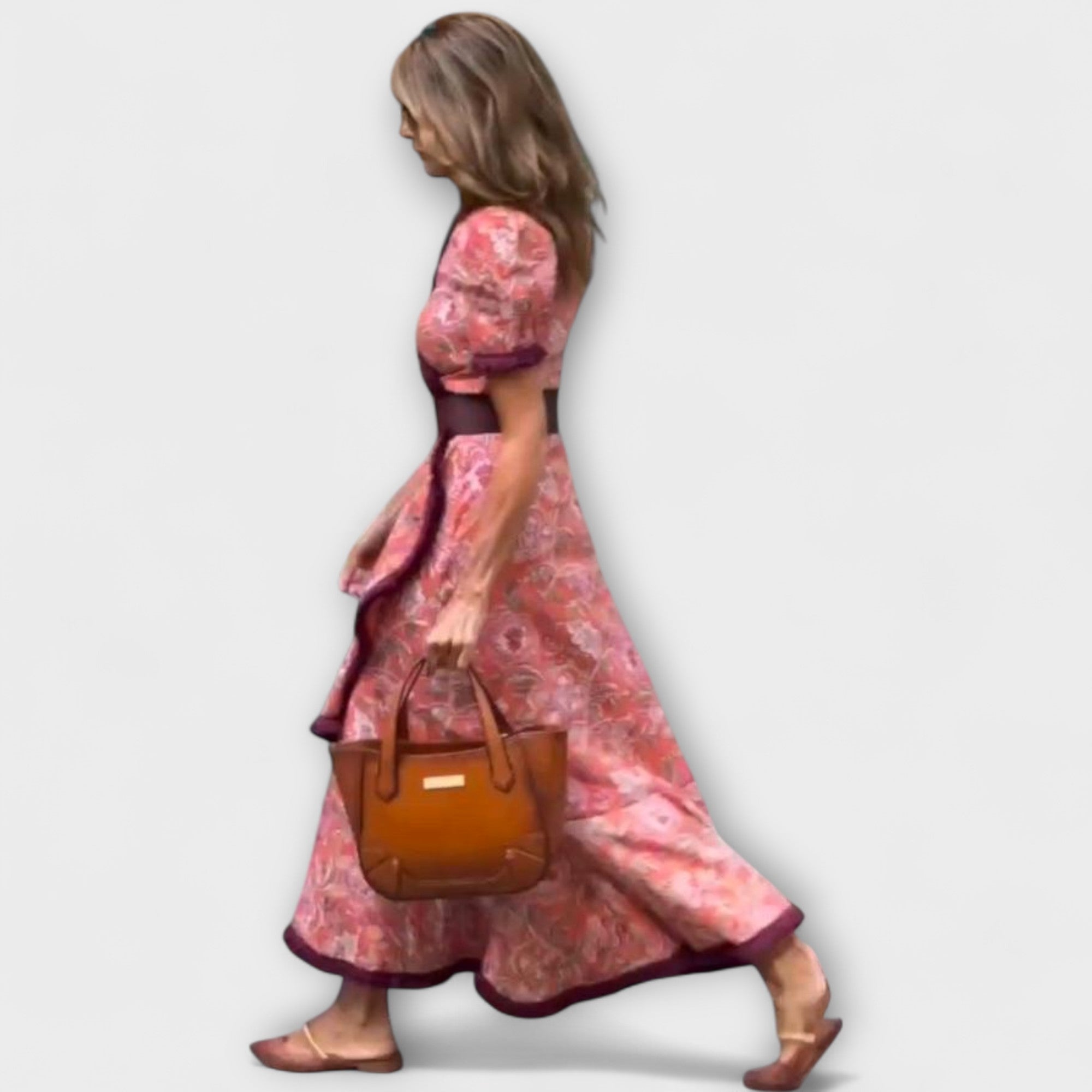 Elegancka Różowa Sukienka Maxi z Krótkim Rękawem