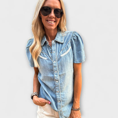 Jesień - Niebieska Koszula Western Booker z Zapięciem na Guziki