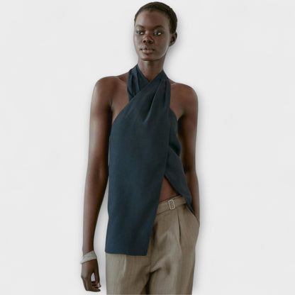 Hannah - Niebieski Top na Halter z Wycięciem na Plecach