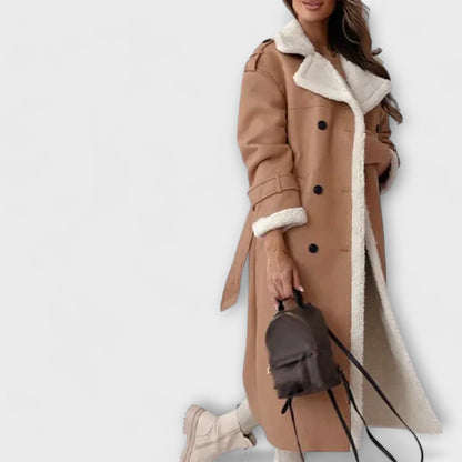 Maria – Długa Klasyczna Kurtka z Fleece i Kołnierzem Teddy